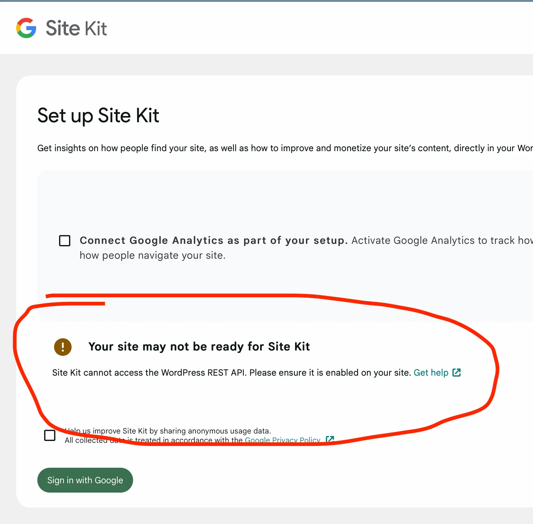 Google site kit can not access wordpress rest api